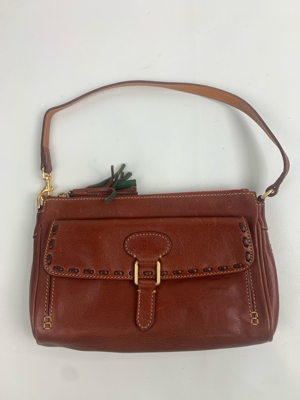 Dooney & Bourke Classic Cognac Brown Leather Shoulder Bag Gold Zip Tassel EUC